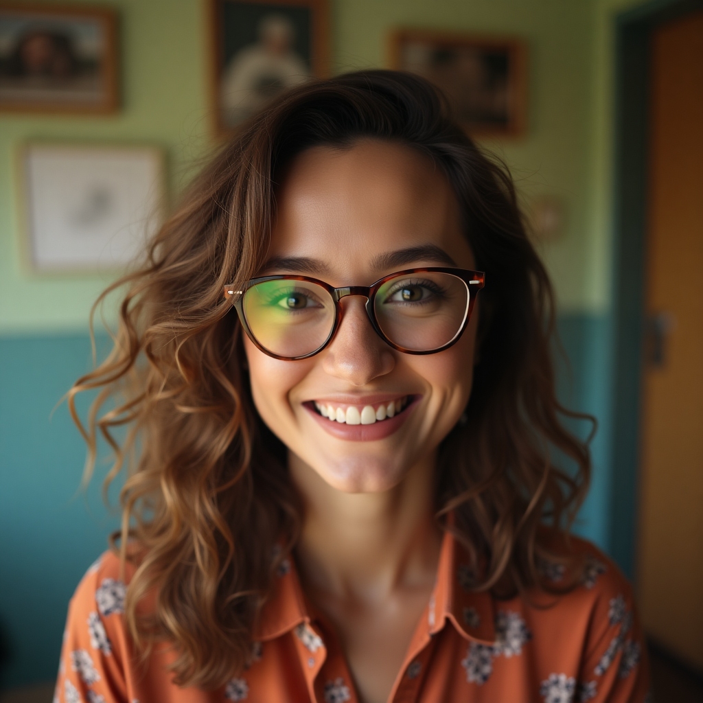 Smiling woman with 90s-style glasses, retro filter