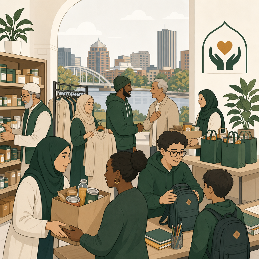 Dignified flat-to-line illustration of a welcoming nonprofit support space in Rochester, New York, with diverse community members receiving practical aid from volunteers in a calm, respectful, inclusive setting.