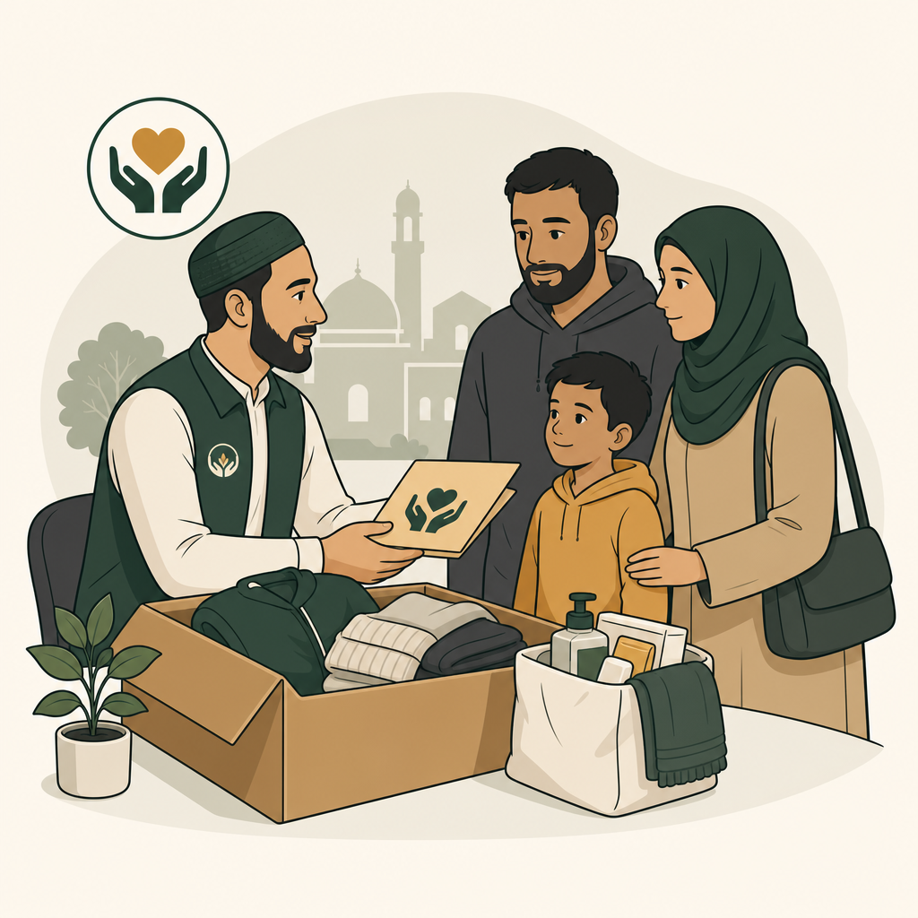 Respectful emergency relief support scene with a caseworker providing aid documents and clothing essentials to a family