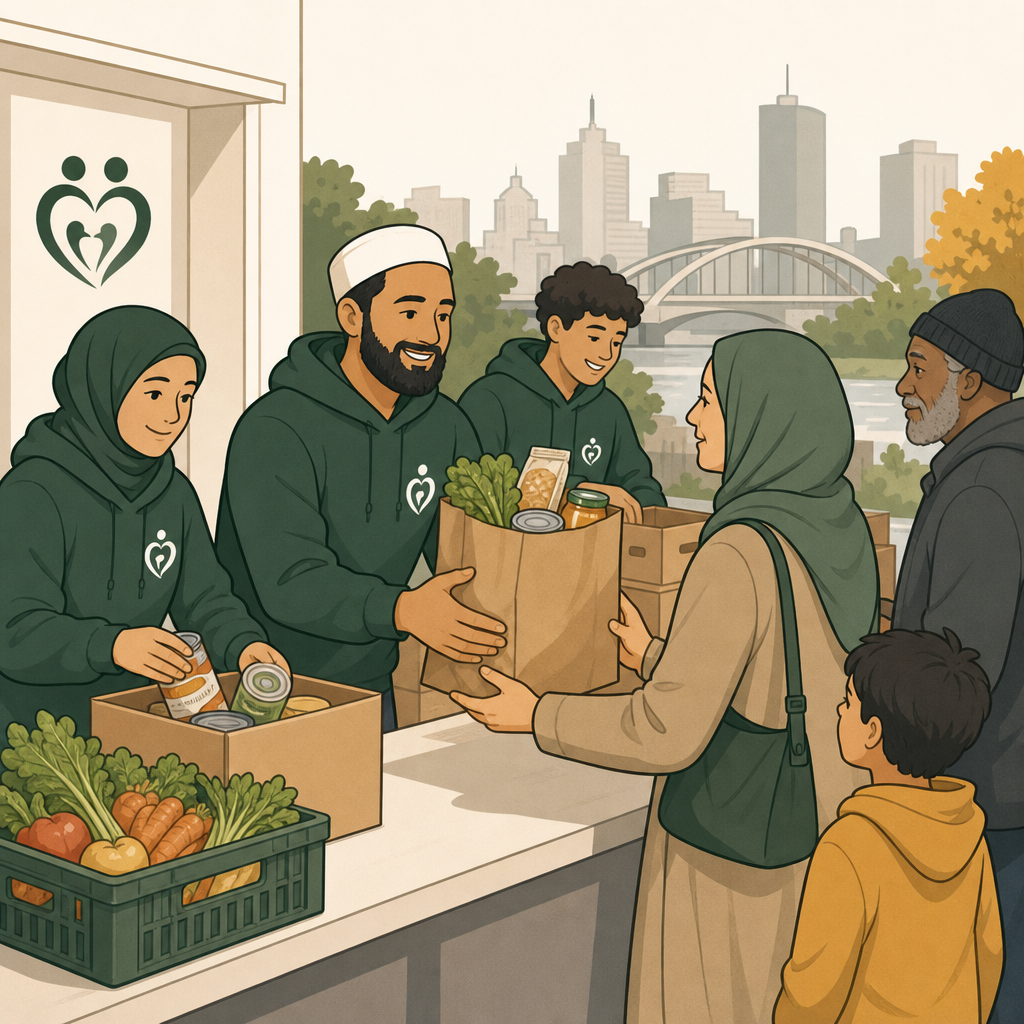 Dignified community food distribution with volunteers handing grocery bags and produce boxes to local families