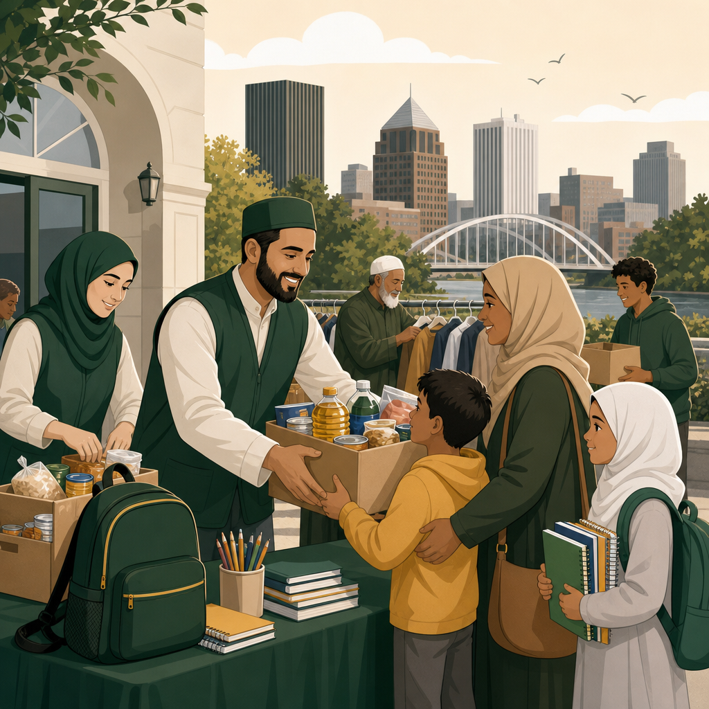Flat-to-line illustration of volunteers providing food boxes and school supplies to local families with dignity