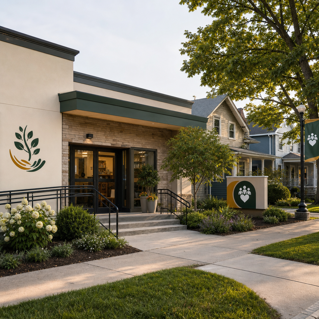Welcoming nonprofit exterior in Rochester, New York with clear entry path and calm neighborhood setting