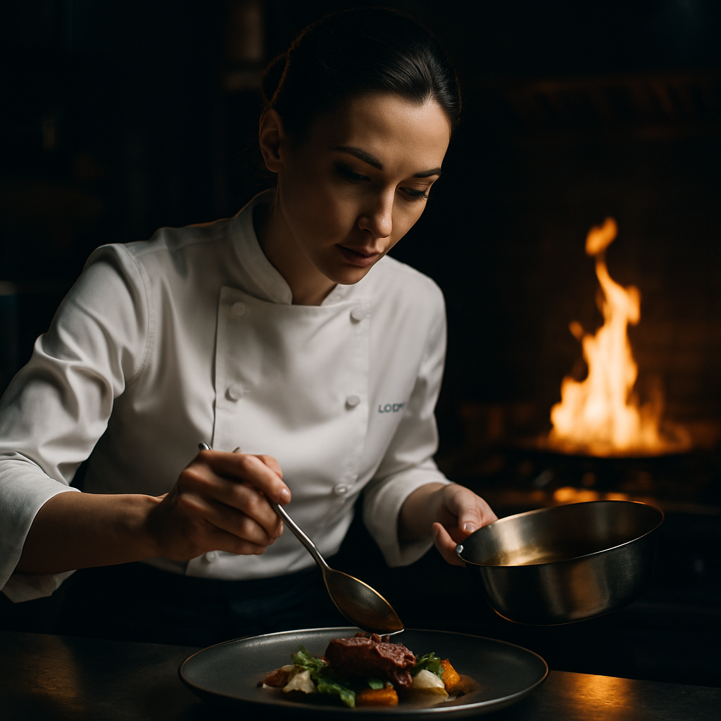 Chef Elena Moretti in action, plating a refined dish by open flame in the kitchen.