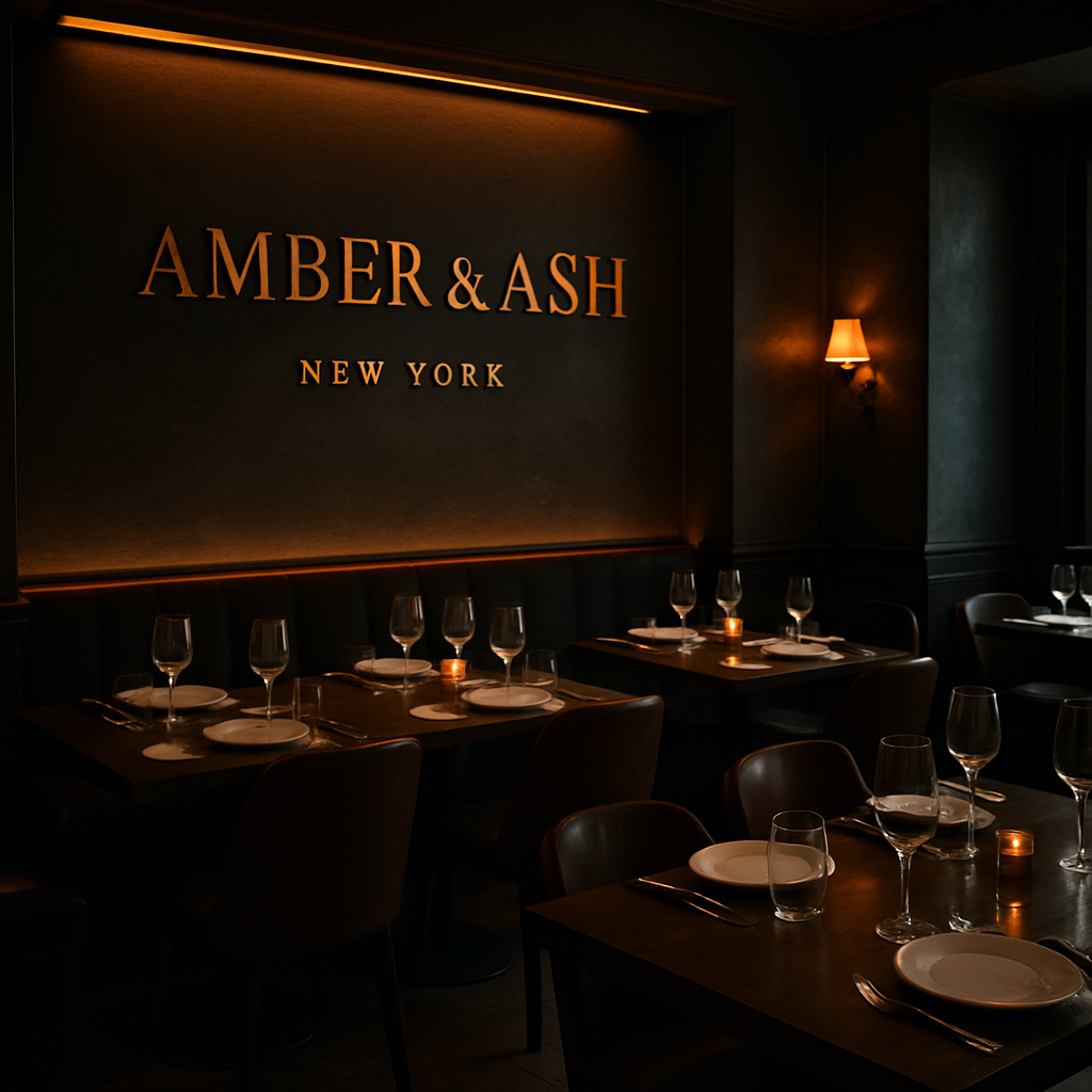 Moody, elegant interior of Amber & Ash restaurant featuring deep charcoal walls and warm amber lighting.
