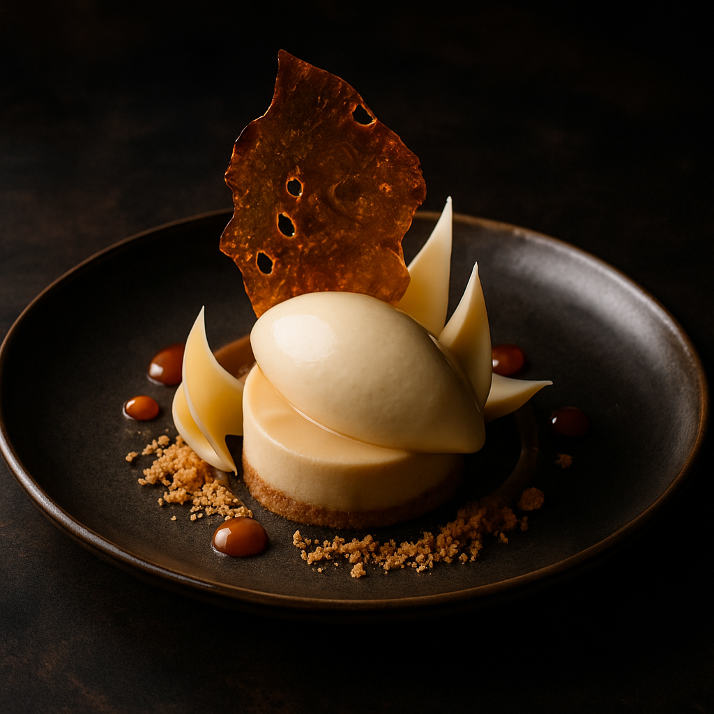 Visually striking, artfully plated dessert with amber highlights and cream tones, presented in an elegant, upscale style on a dark moody background.