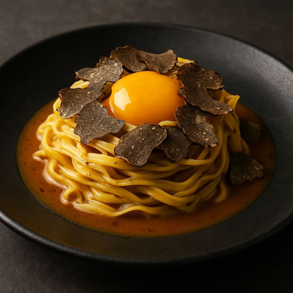 Signature pasta dish with golden yolk, black truffle, and amber-hued sauce.