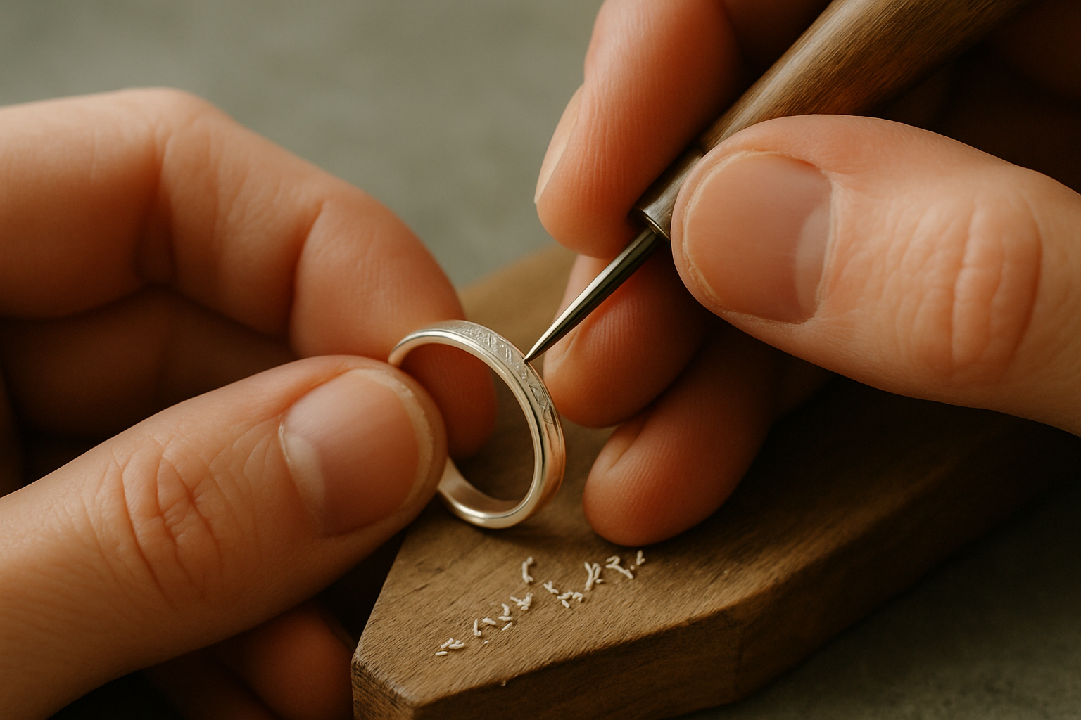 Close-up of hands engraving a delicate ring