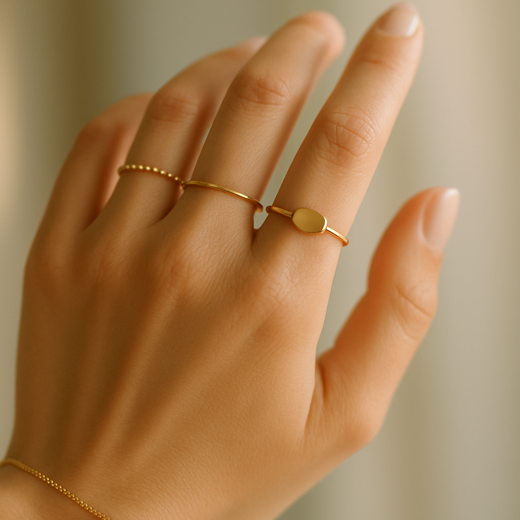 Hand wearing delicate gold jewelry