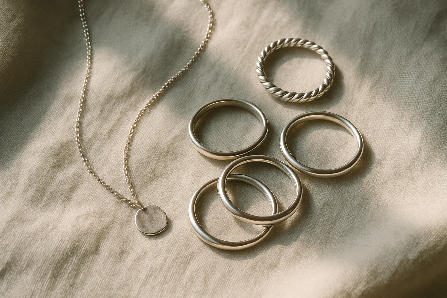 Silver jewelry flatlay with rings and necklace on soft linen