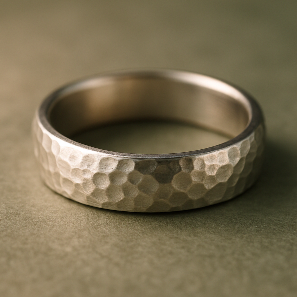 Close-up of hammered silver ring with warm light