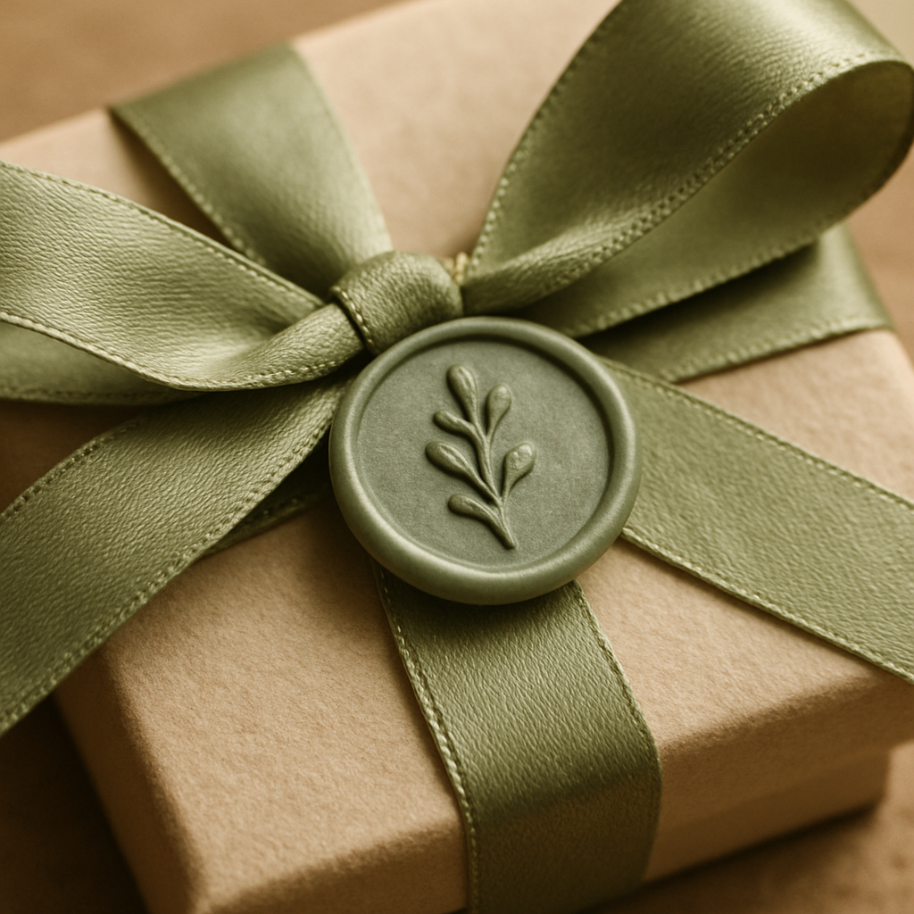 Close-up of sage ribbon and wax seal wrapping
