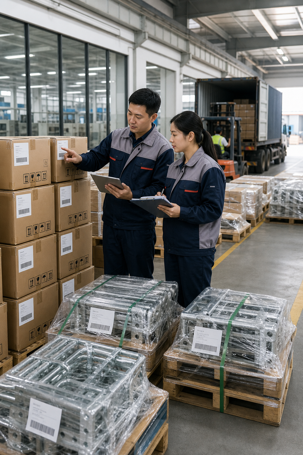 Industrial team preparing hardware shipments with packaging checks, pallet labeling, and export document coordination in a clean factory logistics area