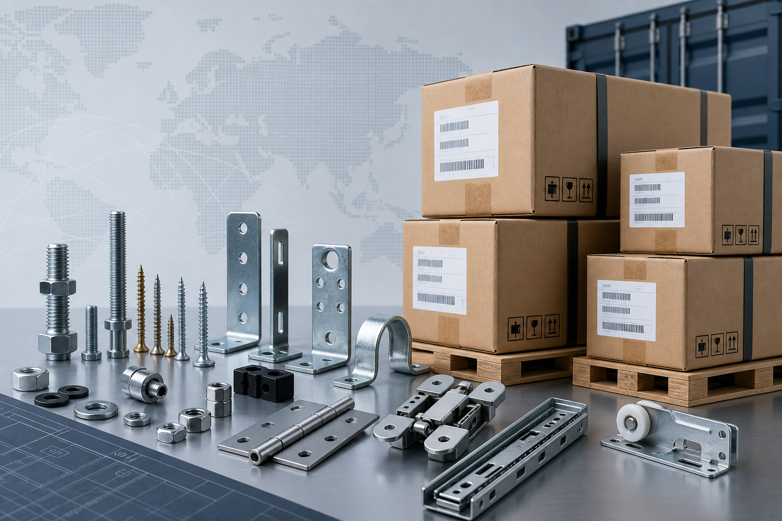Assorted industrial hardware silhouettes with export-ready carton packaging, arranged in a clean studio composition
