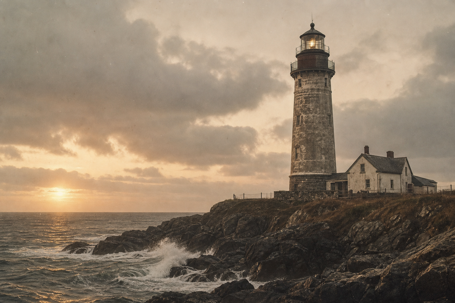 Archival coastal scene with a stone lighthouse above a rugged shoreline under low evening light