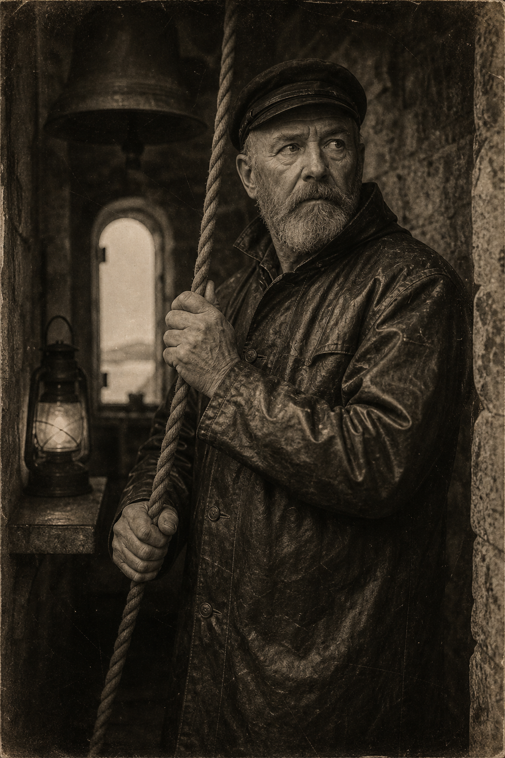 Warm monochrome vignette of an older bearded keeper holding fog bell rope in a narrow stone corridor