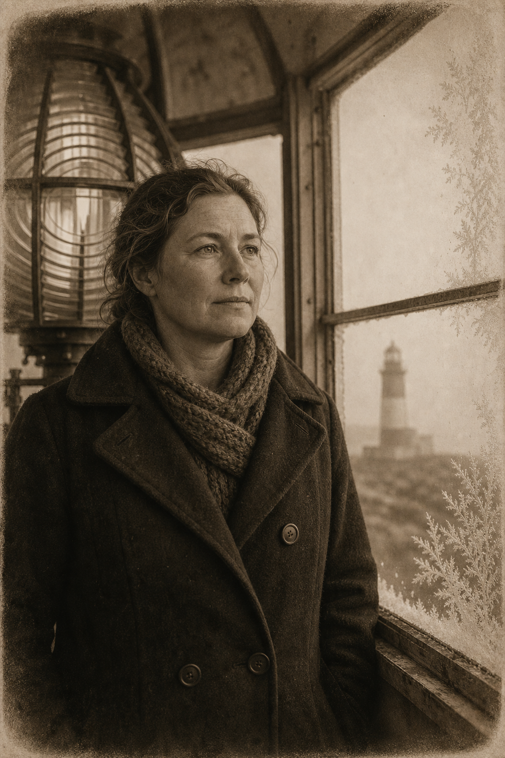 Sepia portrait vignette of a middle-aged woman keeper in a wool coat beside a fogged lantern room window