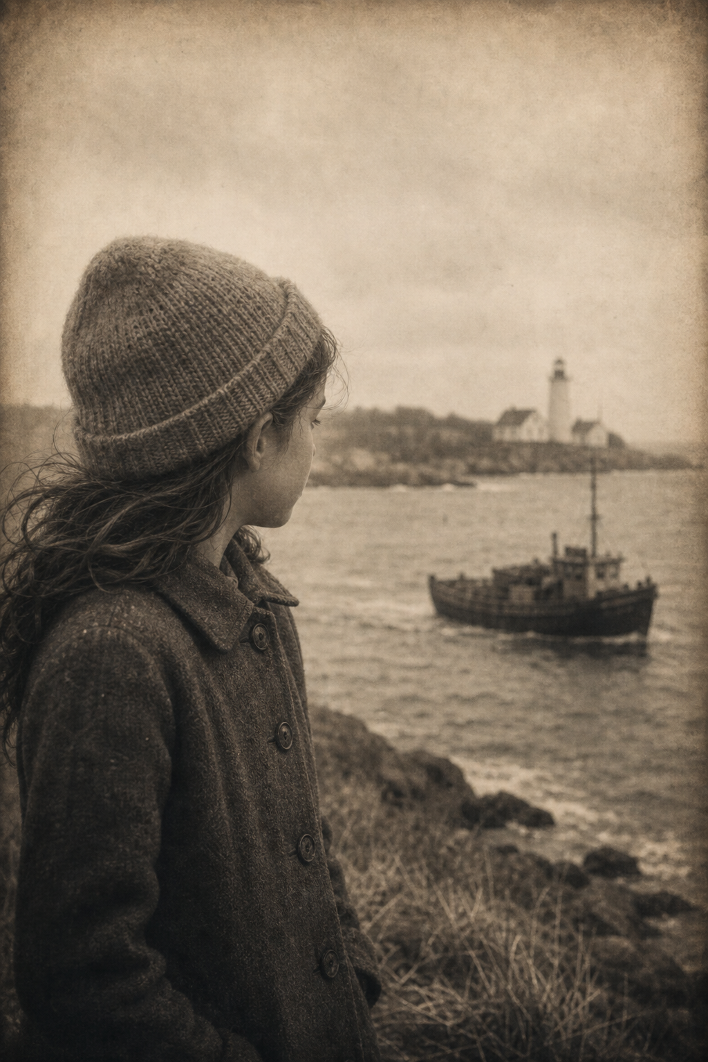 Soft faded portrait vignette of a young keeper's daughter in a knit cap watching a distant supply boat from shore