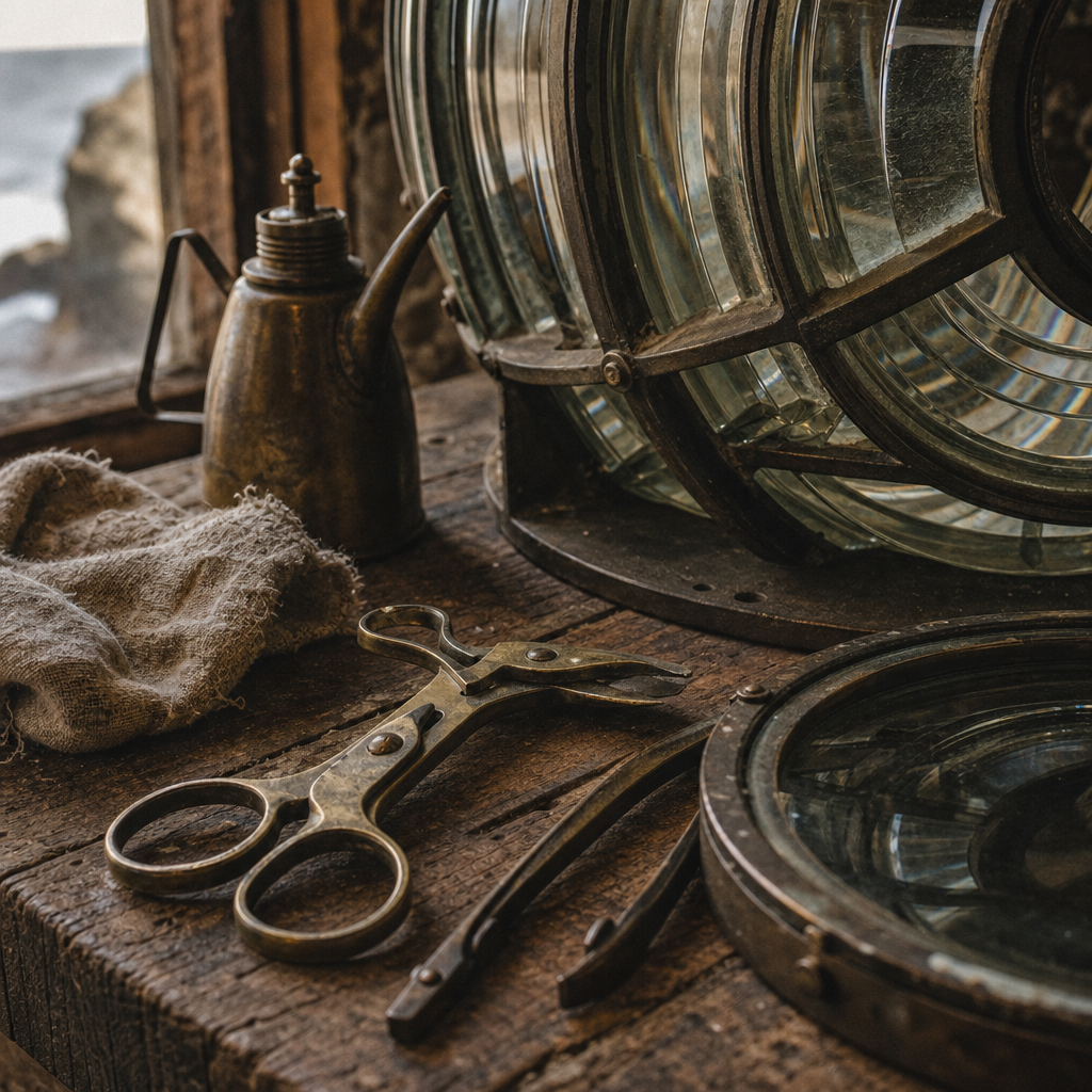 Small supporting archival detail of lantern glass and keeper maintenance tools on a wooden desk
