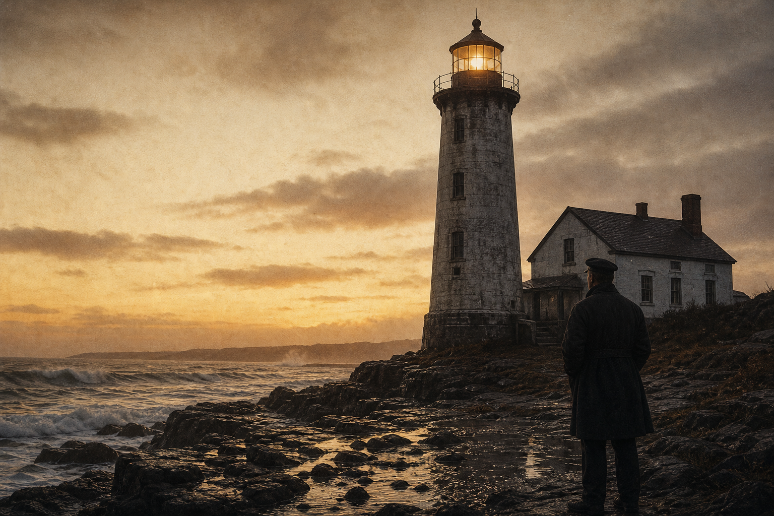 Large archival coastal watch scene with lighthouse tower at dusk and wet stone foreground
