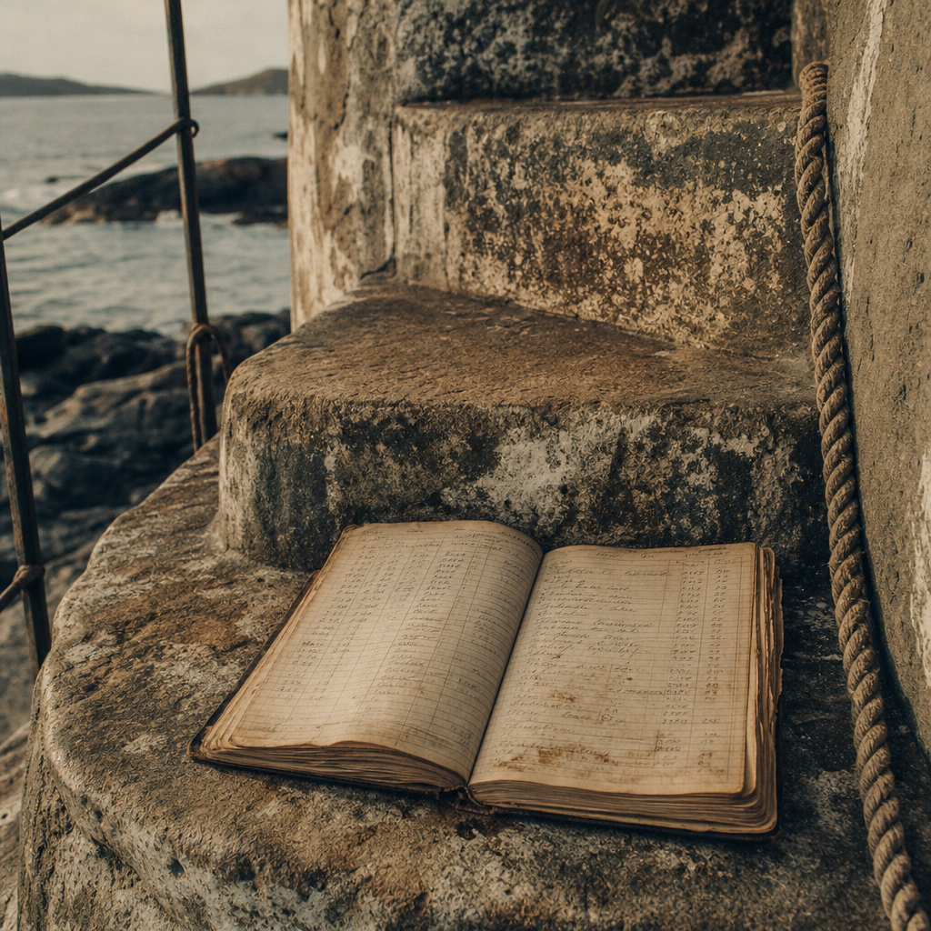 Small supporting archival detail of weathered lighthouse steps with an open logbook and salt-marked pages