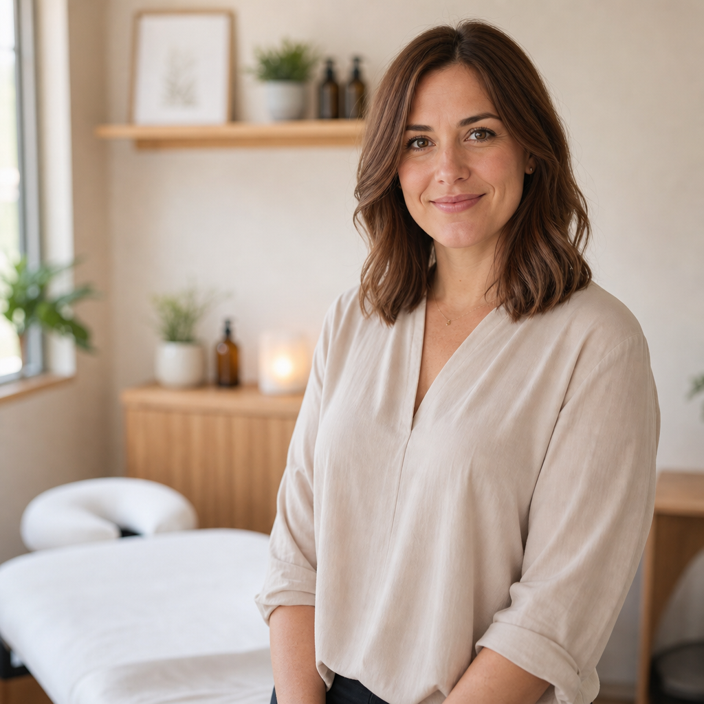 Warm, professional portrait of Kari, the owner and mobile massage practitioner, in a calm wellness setting