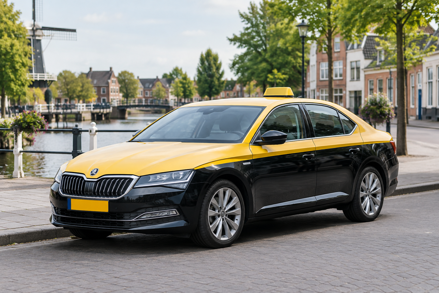 Professionele lokale taxi op een rustige straat in Heerenveen, overdag, met een schone en betrouwbare uitstraling