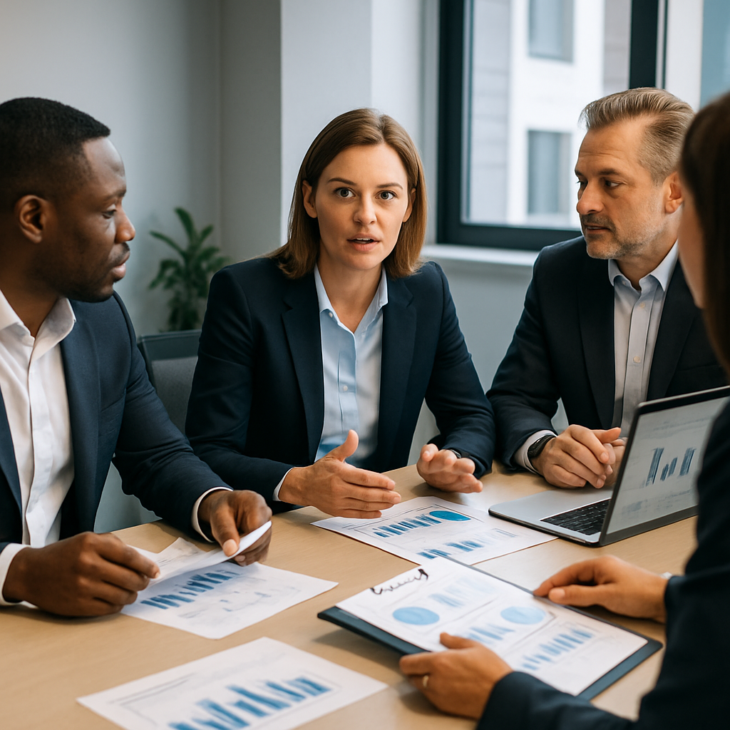 Premium business consulting visual featuring a bright, modern office scene or refined illustration
