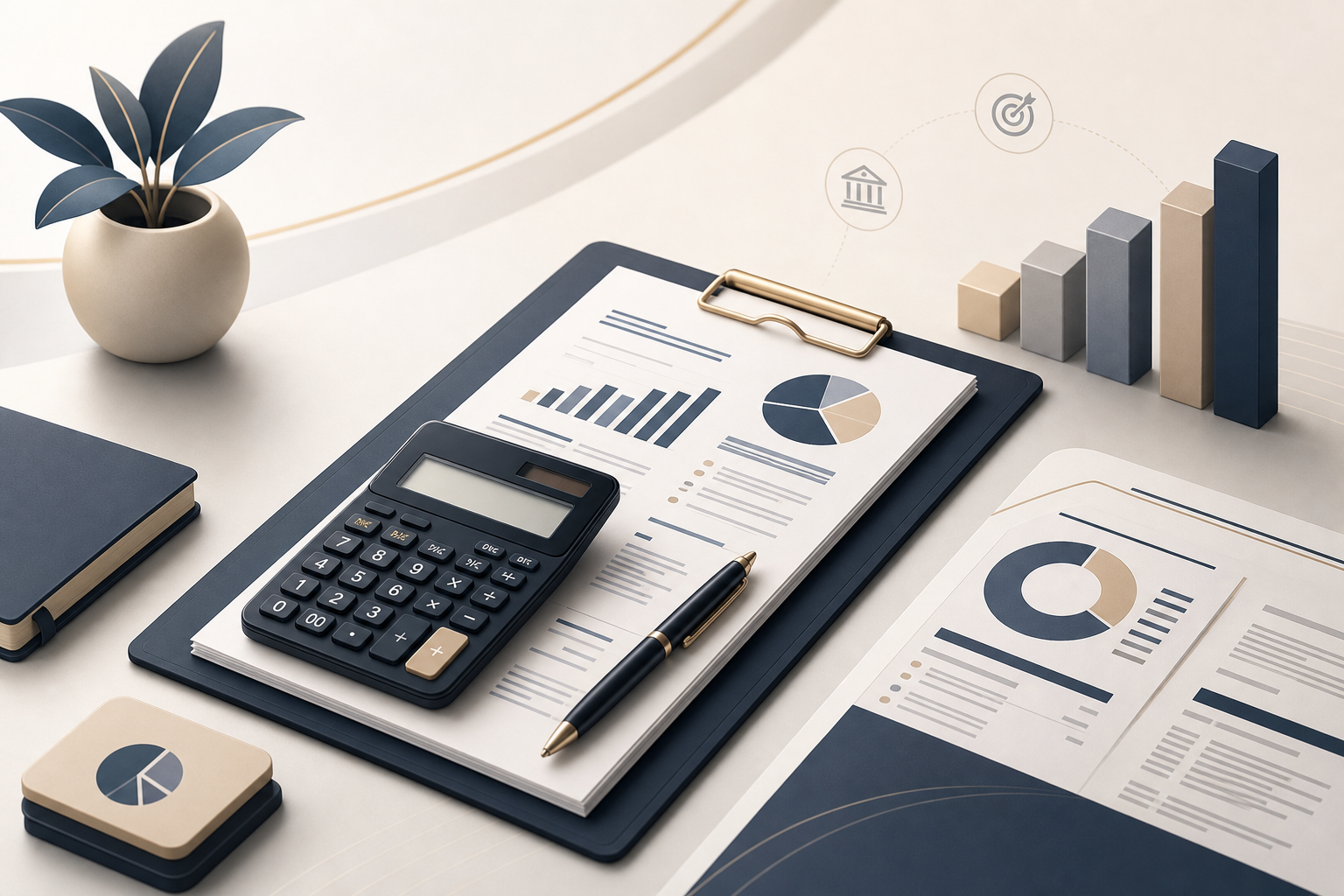 Professional credit consulting visual with business-oriented financial documents, a calculator, and a modern workspace aesthetic