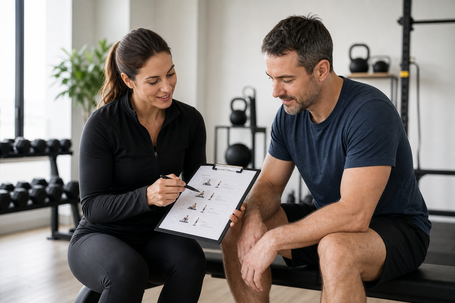 Coach reviewing a personalized workout plan with a client in a bright, modern studio