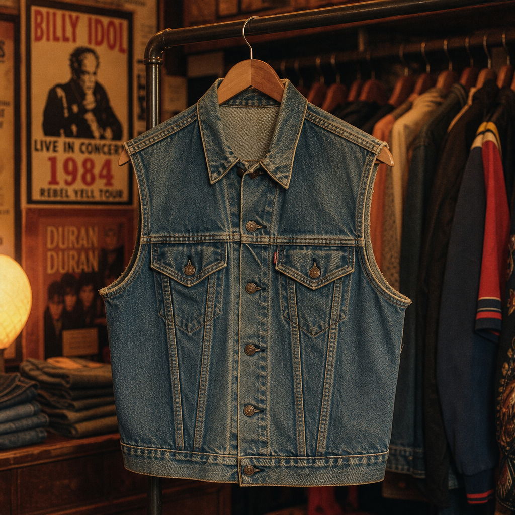 Faded blue denim with an 80s cut, perfect for layered retro looks.