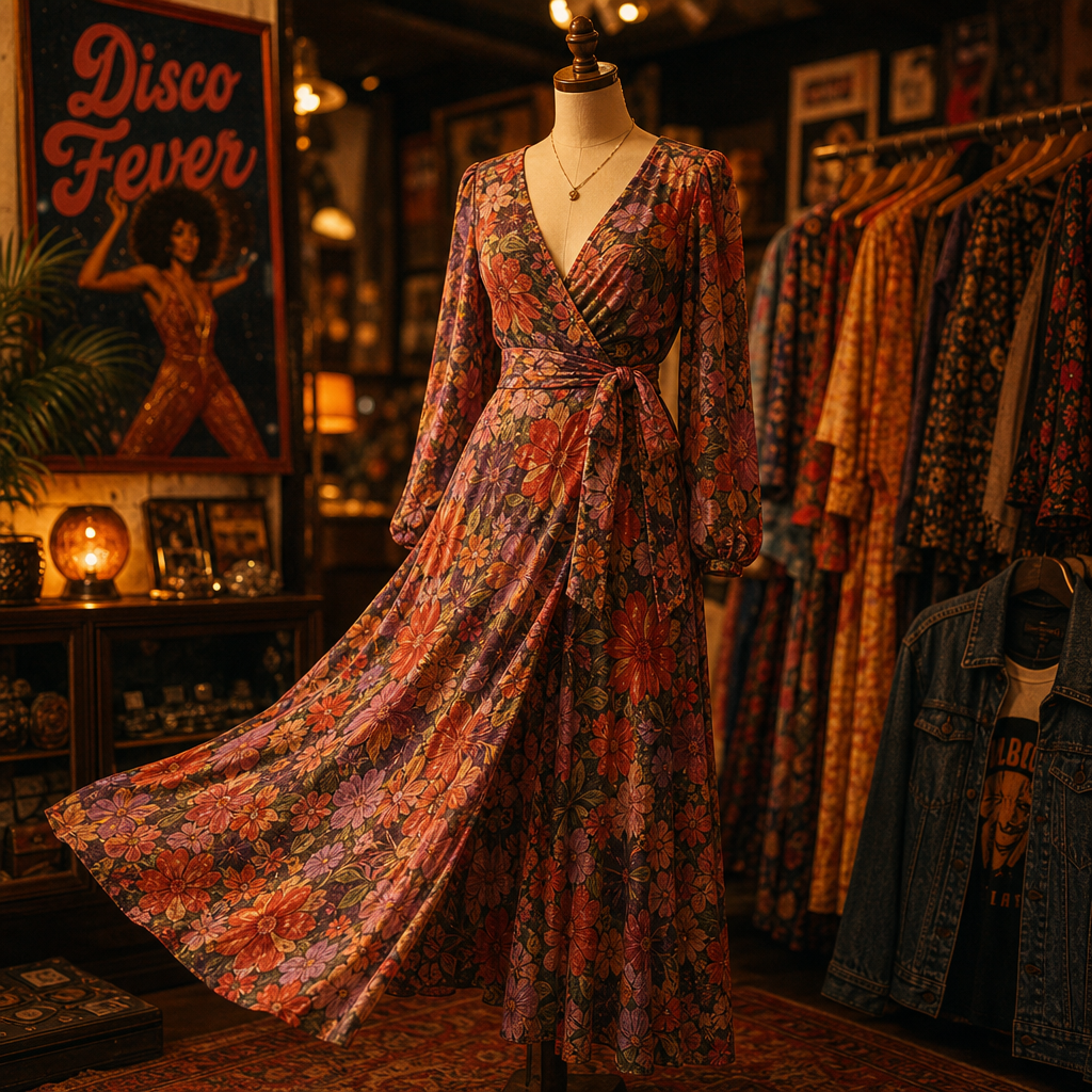 A printed wrap dress with movement, color, and unmistakable vintage charm.