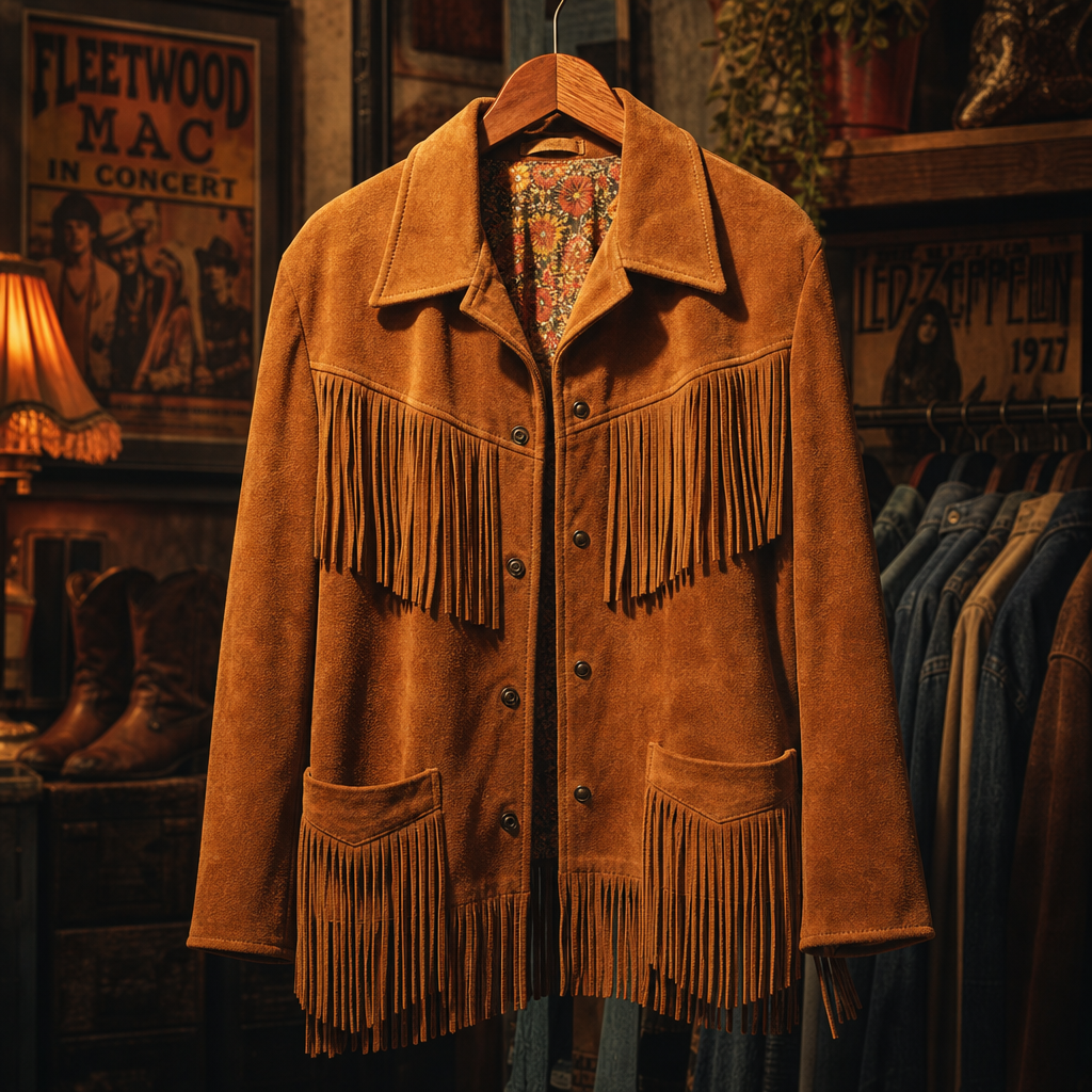 A 70s-inspired suede statement piece with fringe detailing and rich caramel tone.