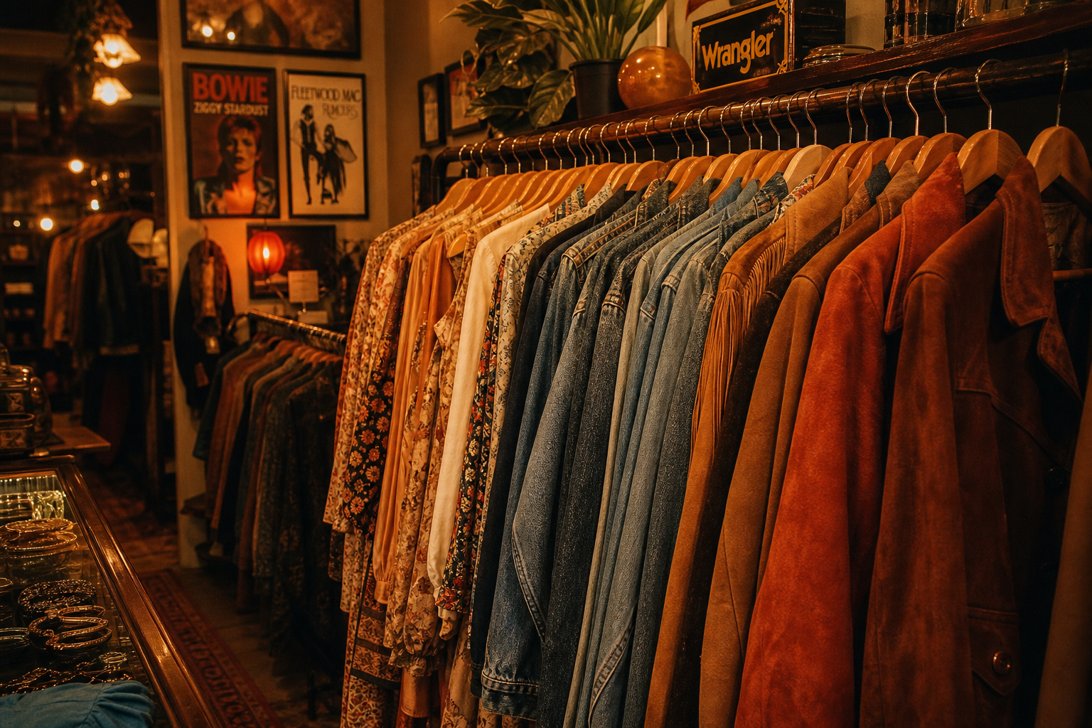 Warm cinematic photo of a vintage clothing rack with 70s suede jackets, faded denim, and silk dresses under amber boutique lighting