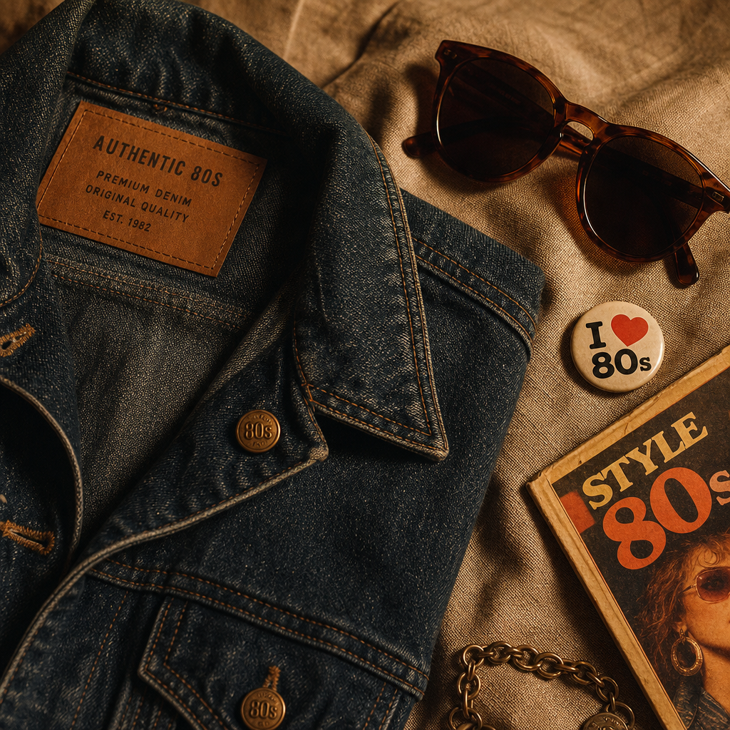 Close-up flat lay of 1980s denim, brass buttons, and vintage sunglasses on textured linen, warm amber tones, soft shadows, subtle film grain