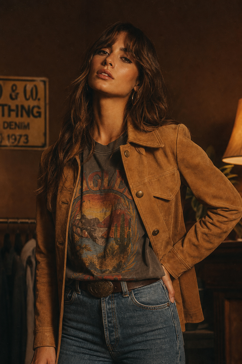 Vintage boutique lookbook portrait of a model wearing a tan suede 1970s jacket over a graphic tee, warm amber lighting, cinematic film grain, moody studio backdrop