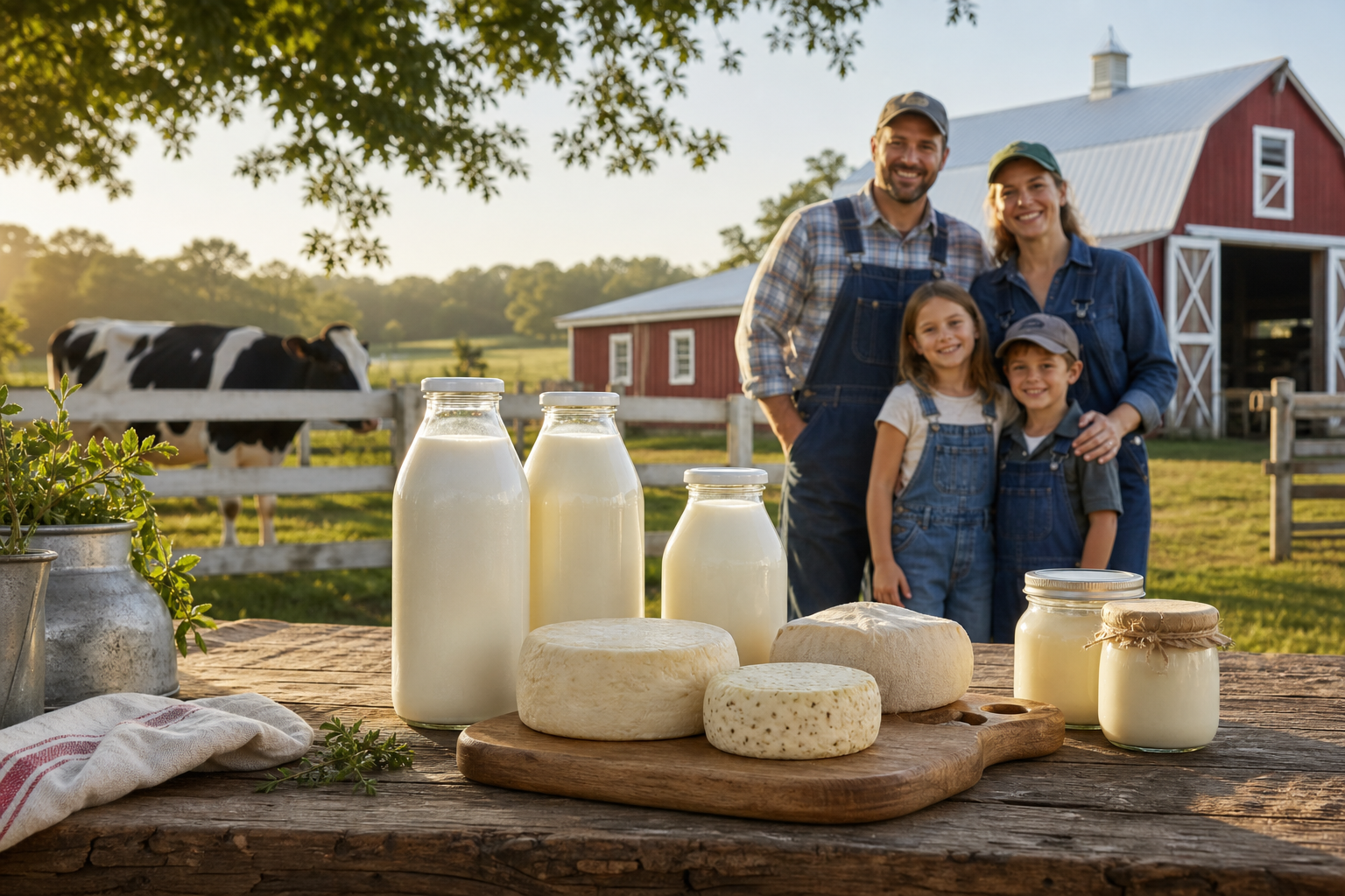 Welcoming Florida dairy farm scene with fresh milk bottles, cheeses, and a family-operated farm setting