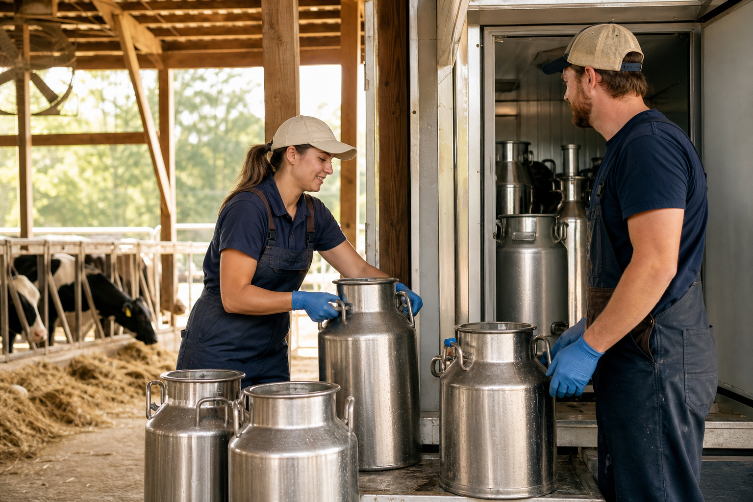 Farm team handling fresh milk canisters inside a warm Florida dairy barn
