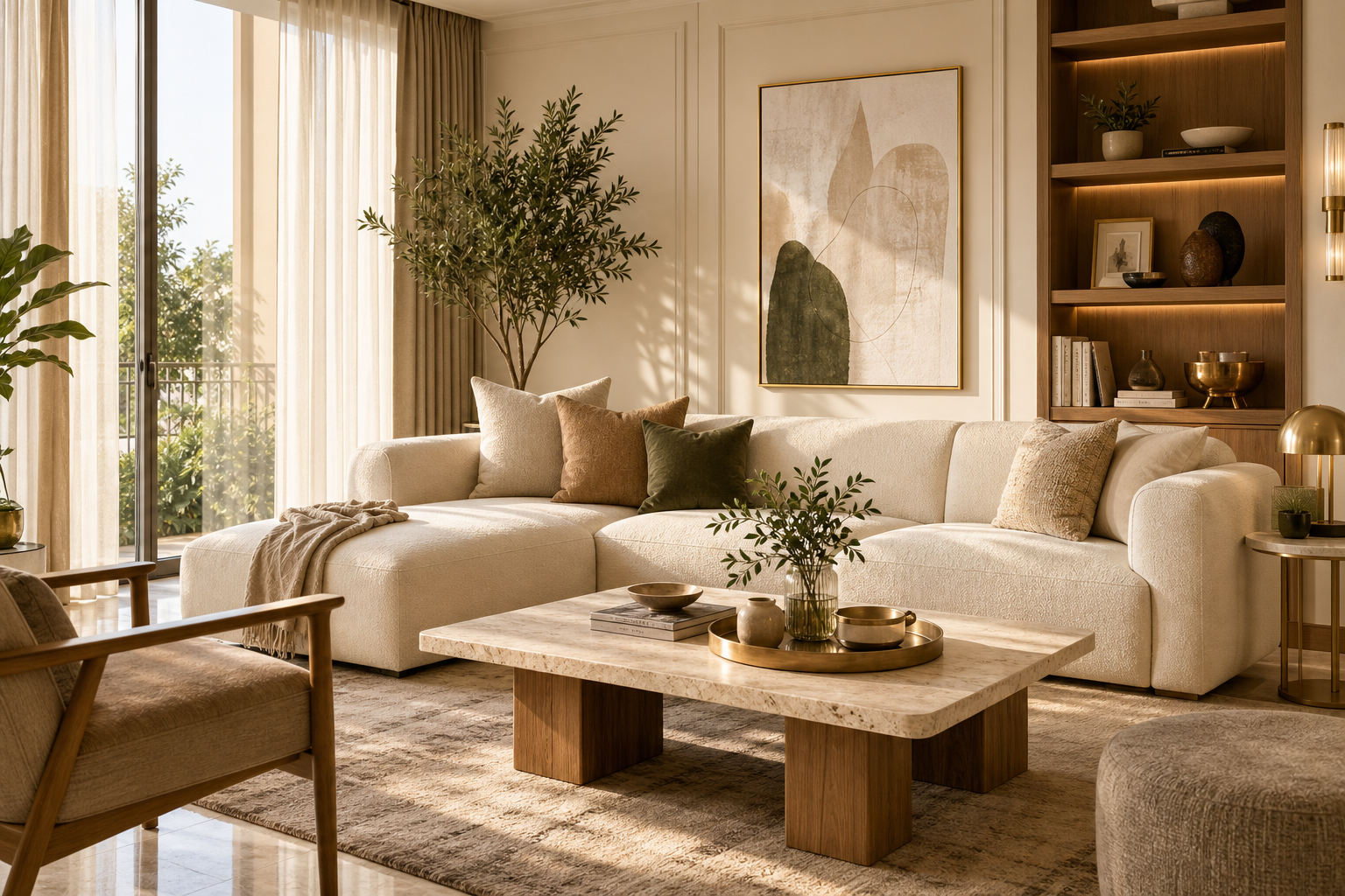 Elegant residential living room with warm natural light, layered neutral textiles, sculptural furniture, and refined interior styling