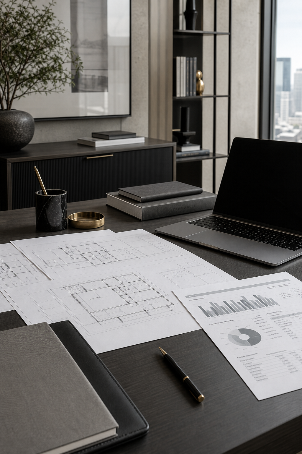 Executive planning workspace with architectural drawings, a financial summary sheet, and a laptop in a refined modern office