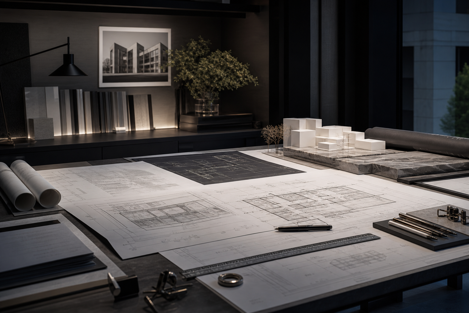 Architecture planning workspace with layered blueprints, scale model blocks, and coordinated site documents on a large table under soft directional studio light