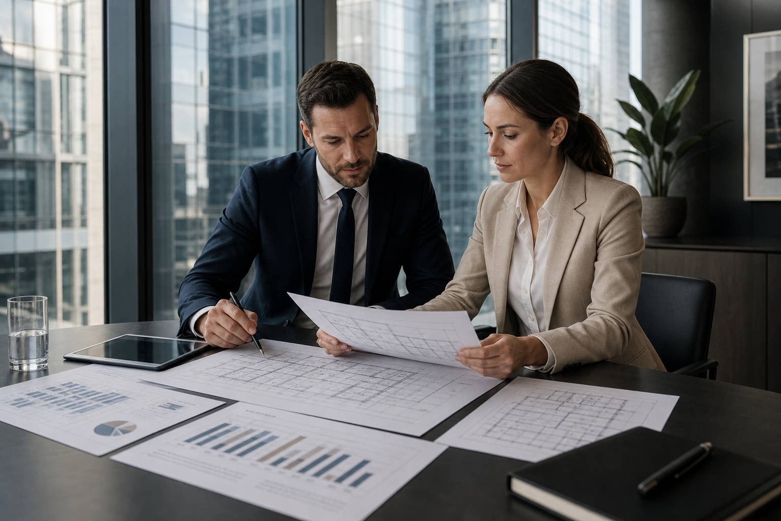 Premium executive office scene with financial and development leaders reviewing project plans beside floor-to-ceiling city views
