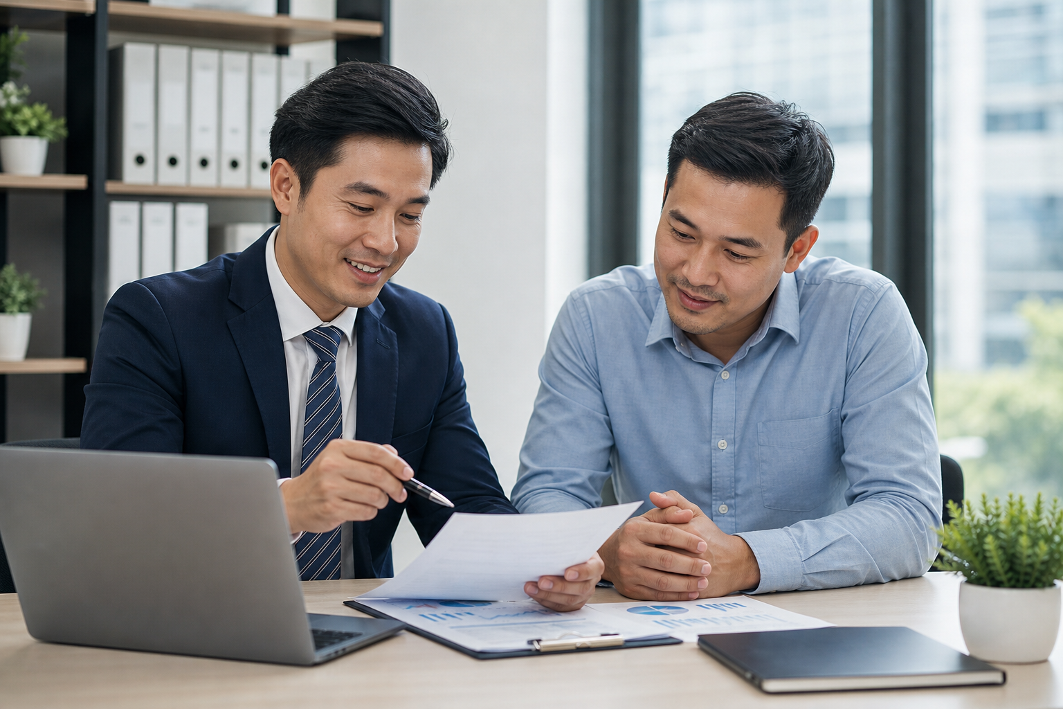 Professional financial advisor reviewing loan documents with a small business owner in a modern office