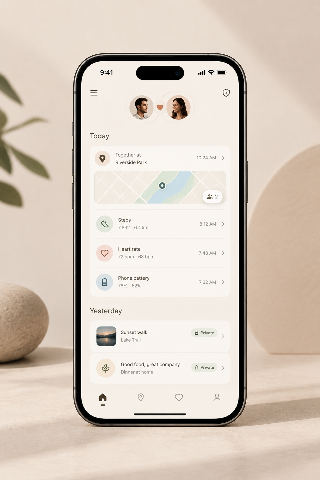 iPhone mockup showing Taut couple timeline with private shared updates and calm interface
