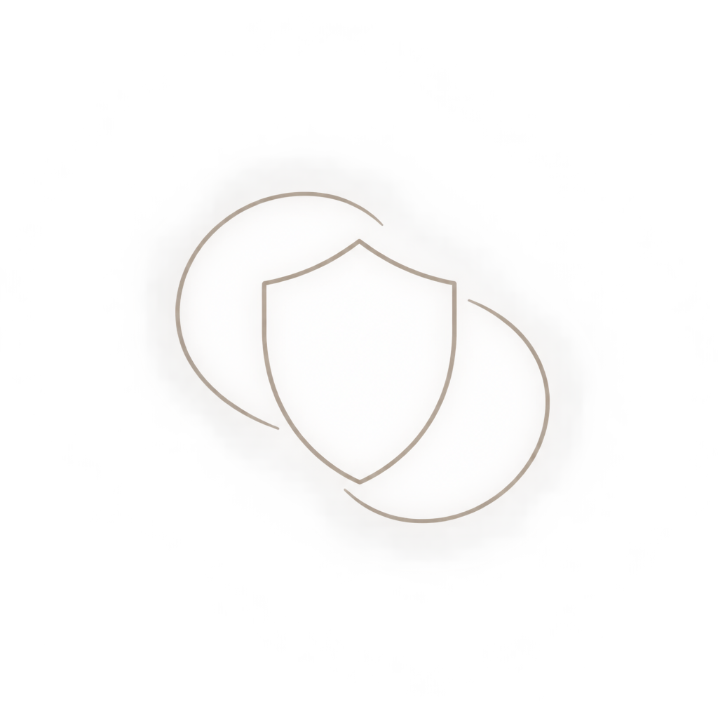 Minimal line illustration of a soft shield and organic arc motif representing privacy and care