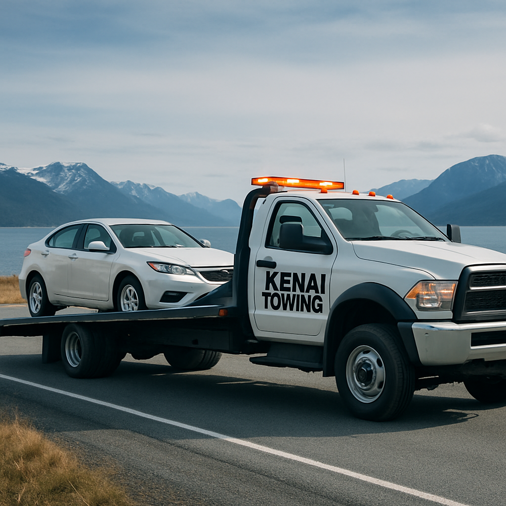 Professional tow truck assisting a stranded vehicle on a Kenai Peninsula roadside with mountains in the distance