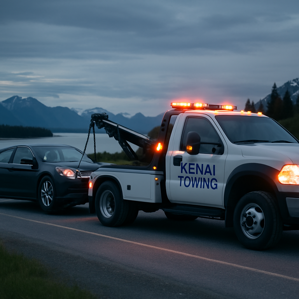 tow truck assisting a stranded car on a Kenai Peninsula roadside at dusk
