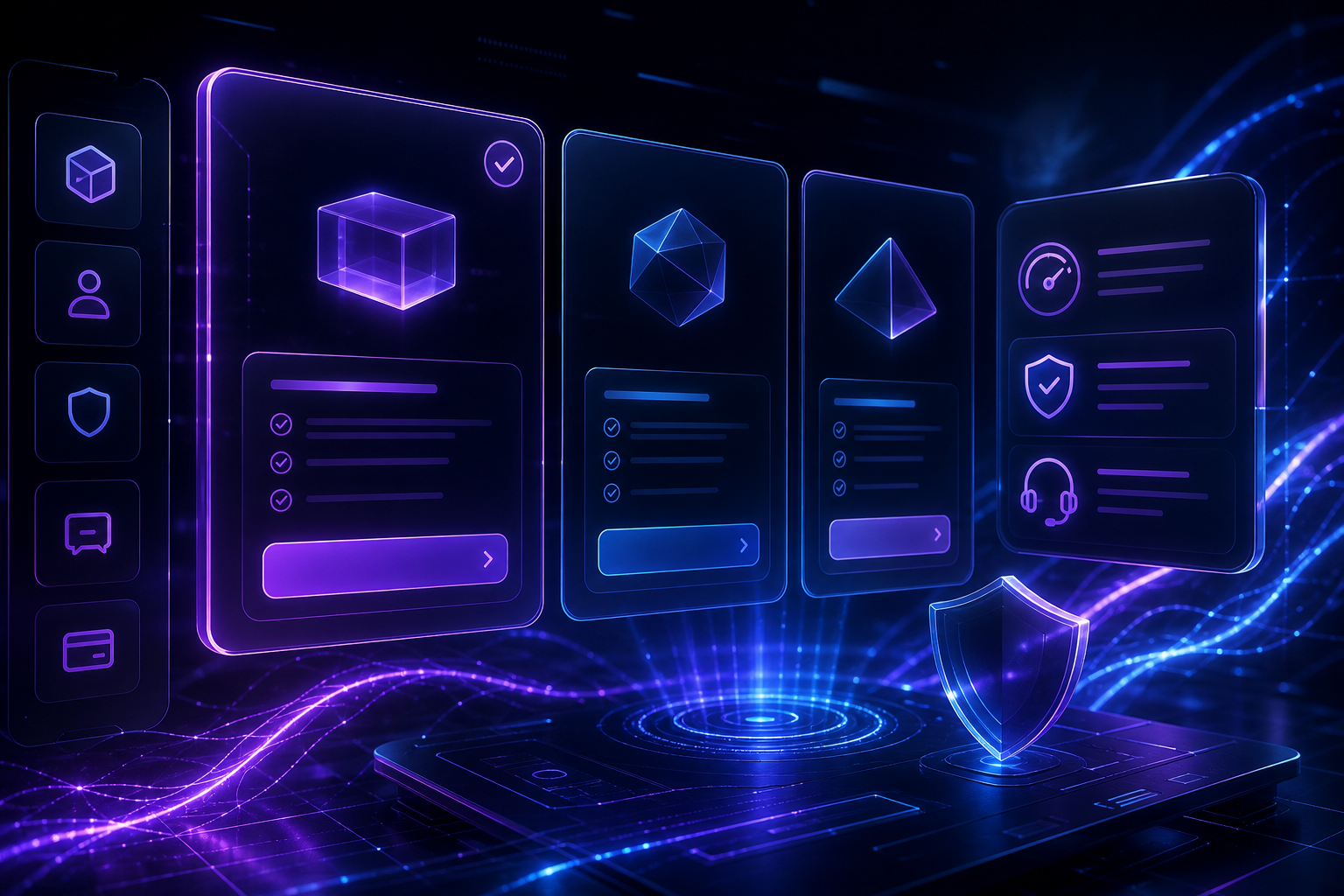 Premium abstract cyber-tech storefront scene with luminous purple-blue energy arcs, dark UI panels, and polished digital commerce atmosphere