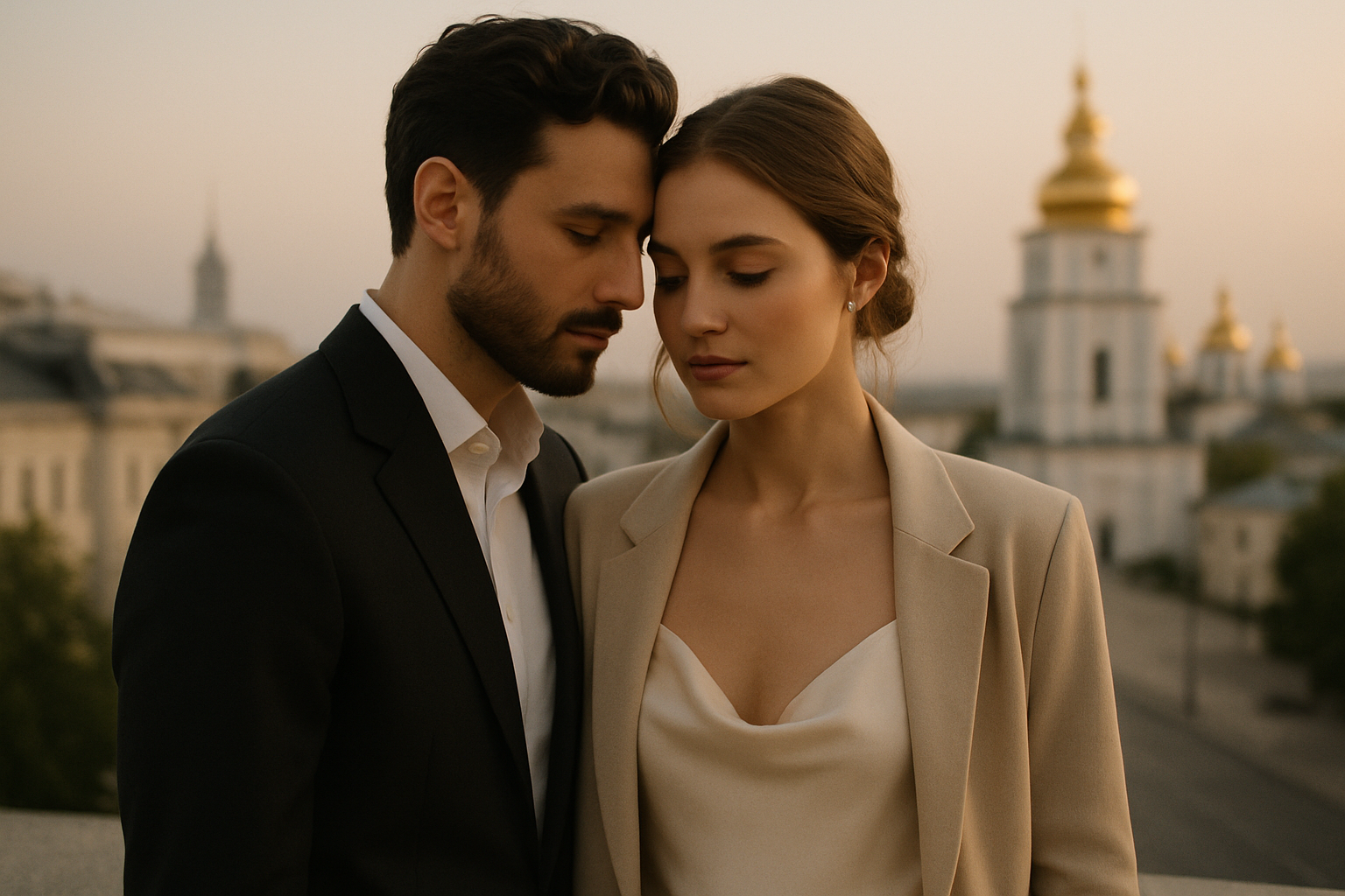 Elegant couple in soft natural light in a Kyiv editorial setting