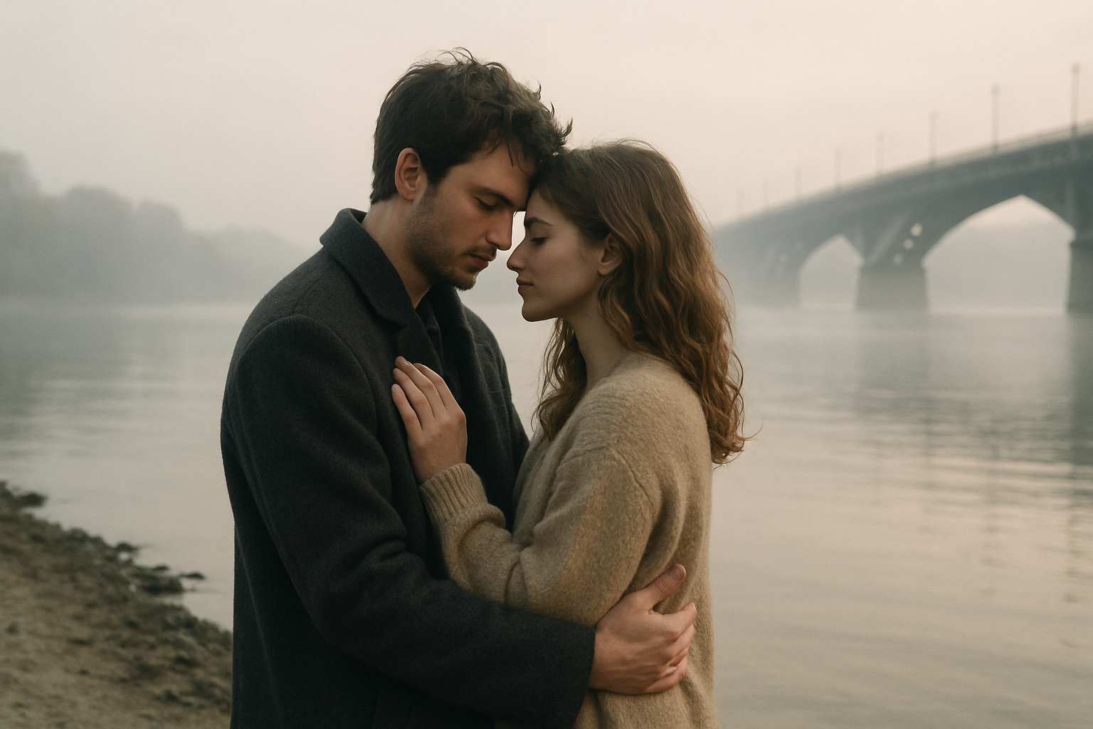 Couple embracing near the Dnipro river