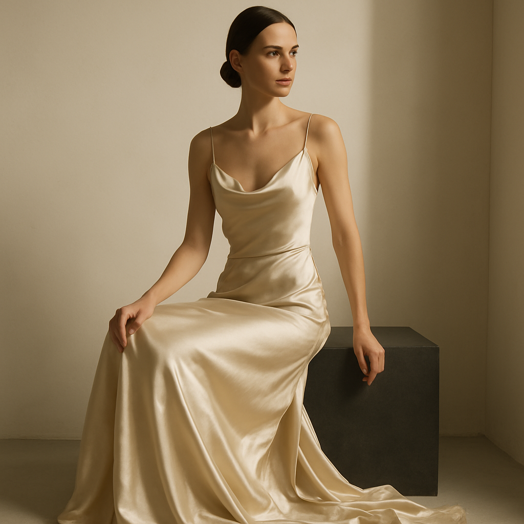 Editorial portrait of a woman in a silk dress